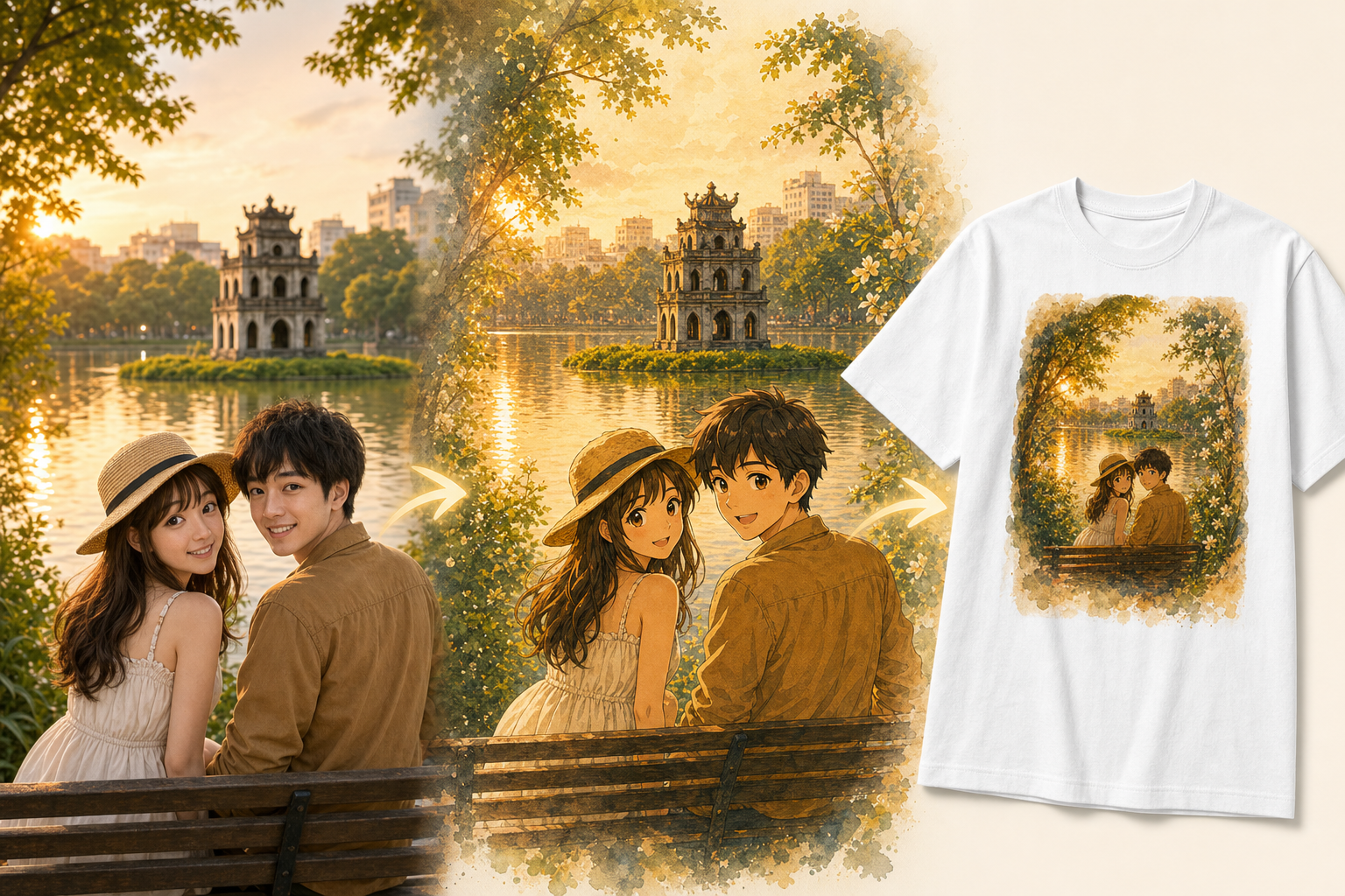 ハノイで撮った実写写真がアニメになり、白いTシャツに生まれ変わるイメージ